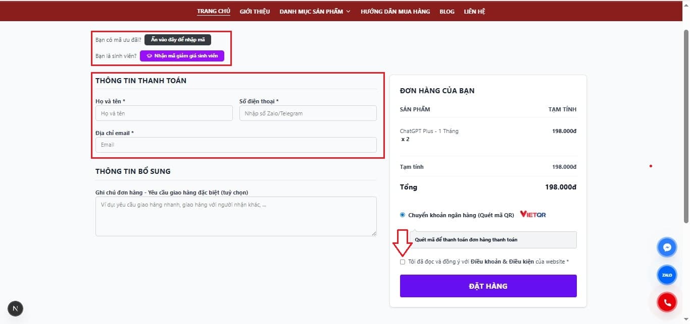 Bước 2: Điền thông tin đơn hàng